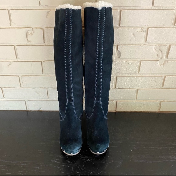 UGG Sz 7 LILLIAN Tall Black Suede Leather/Sheepskin Boots Studded Stacked Heel - Picture 3 of 10